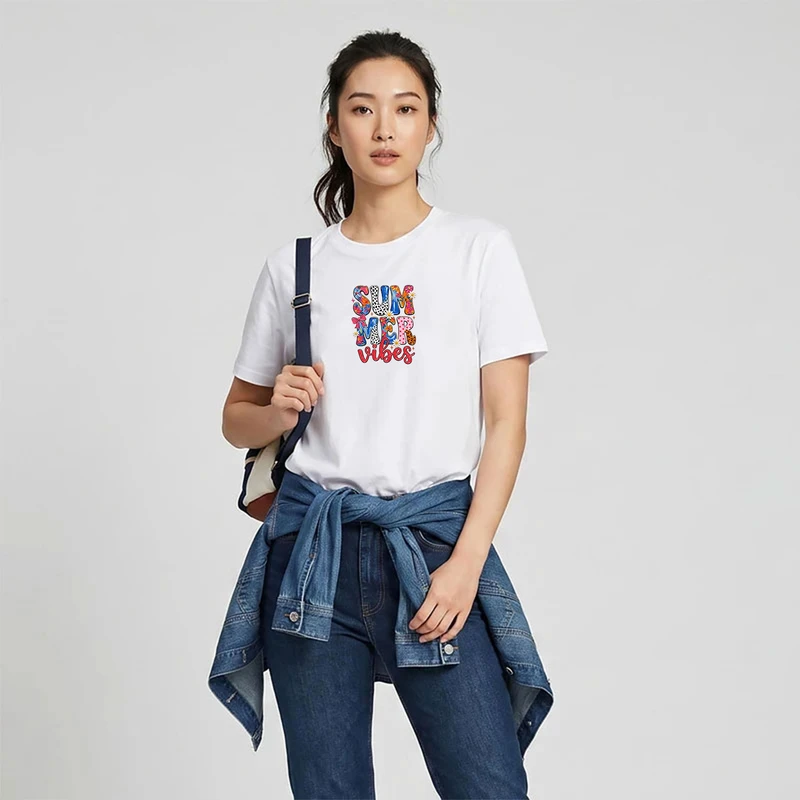 تی شرت آستین کوتاه زنانه تابستانی طرح Summer Vibe کد WH.1063