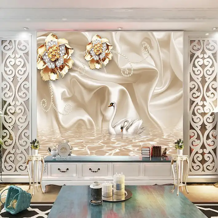 پوستر دیواری سه بعدی مدل شاخه مرواریدی گل برجسته طلایی قو DRVF1236