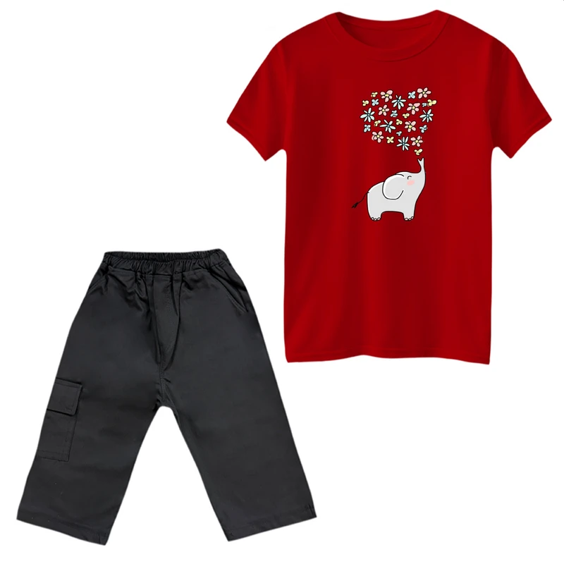 ست تی‌شرت آستین کوتاه و شلوارک دخترانه مدل فیل و گل