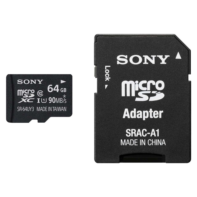 تصویر کارت حافظه microSDXC سونی مدل SR-64UY3A کلاس 10 استاندارد UHS-I U1 سرعت 90MBps ظرفیت 64 گیگابایت همراه با آداپتور SD