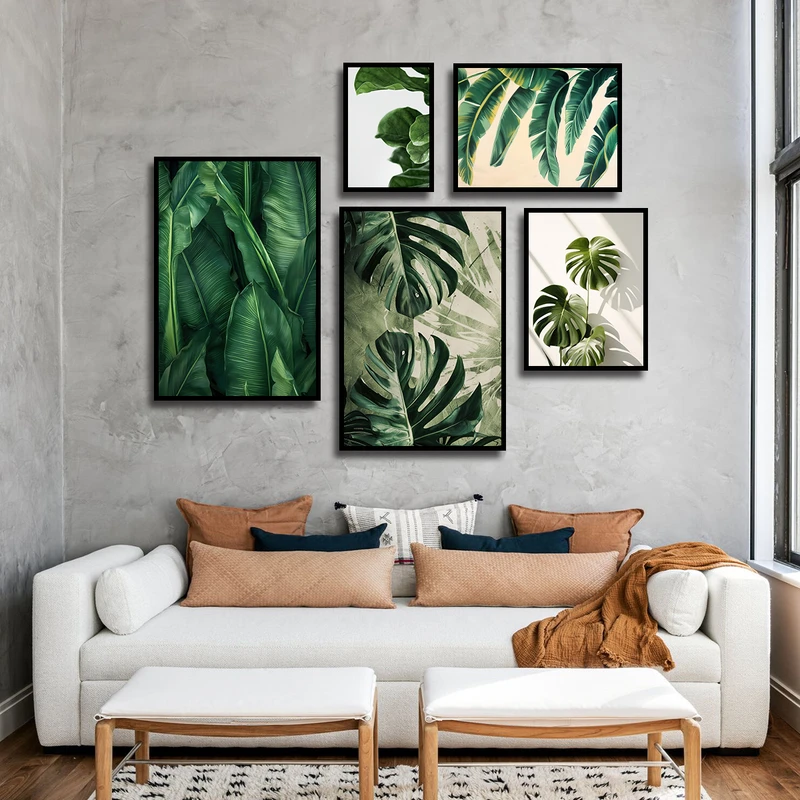 تابلو بکلیت طرح طبیعت و برگ انجیری مدل B-3303 فریم مشکی مجموعه 5 عددی