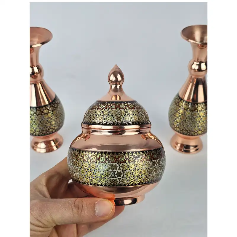 ست 3 تکه قندان و گلدان خاتم کاری مدل شیرازی کد GH16