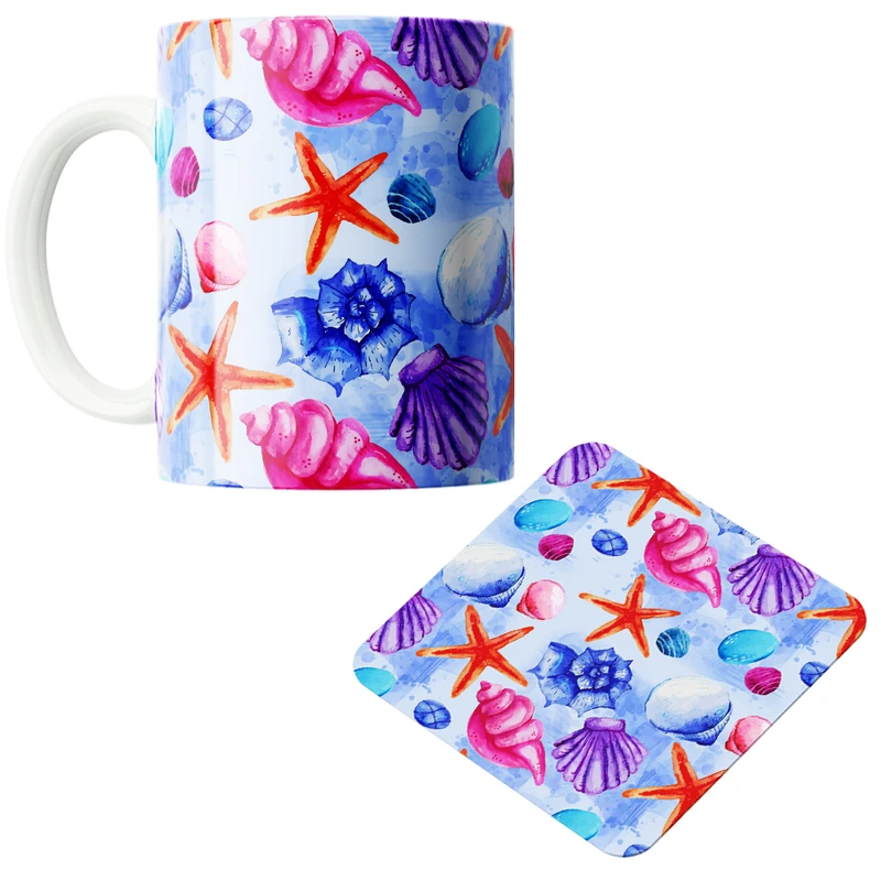 ماگ پاد آفرین مدل دریا ستاره دریایی صدف کد PZ296 به همراه زیرلیوانی