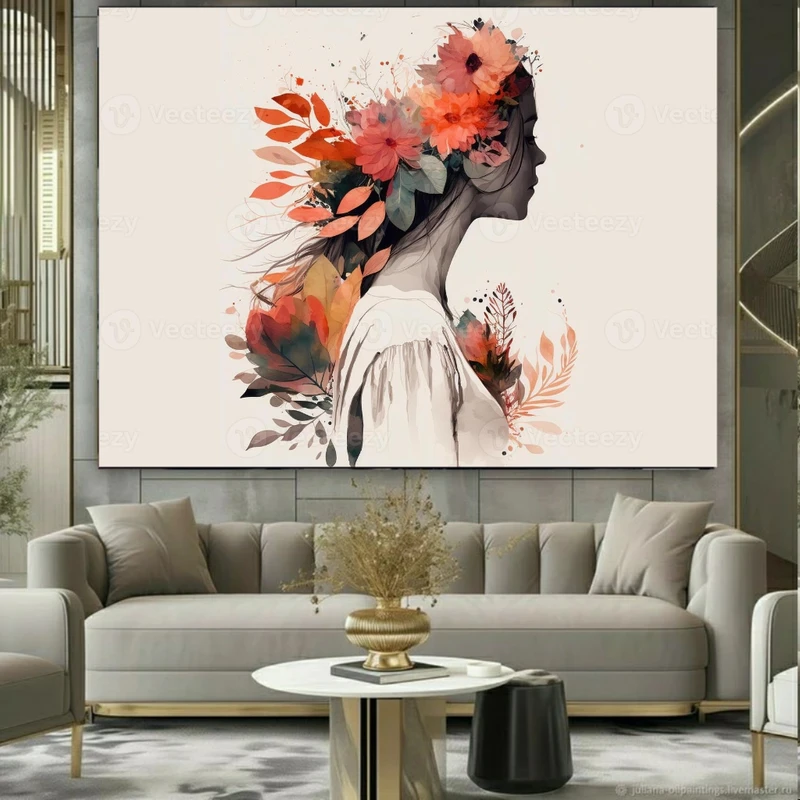پوستر پارچه ای طرح مخمل  نقاشی زن مدل گل سر کد PY1058