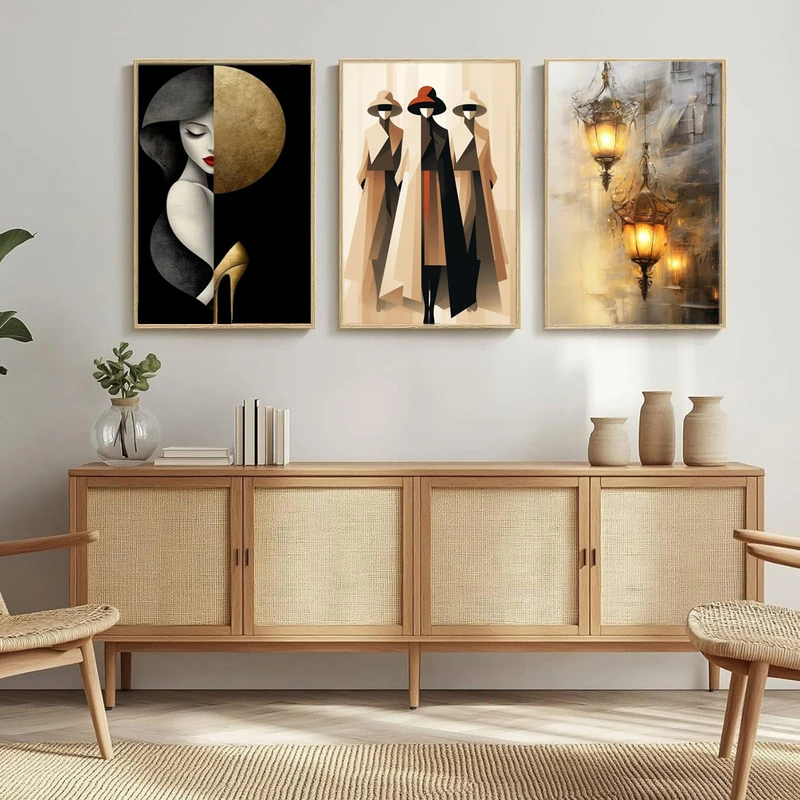 تابلو بکلیت طرح دختر و مینیمال مدل BE-MR-1063 مجموعه 3 عددی فریم بژ