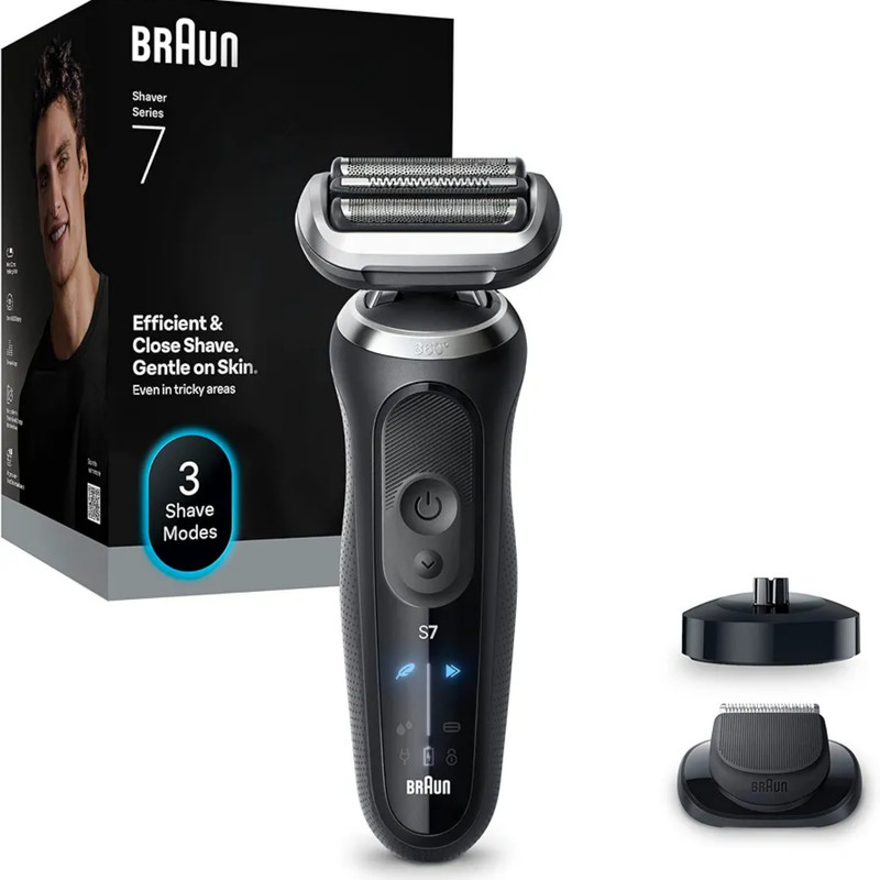 ماشین اصلاح موی صورت شارژی براون مدل series7 72-N4200cs با فناوری AutoSense، تیغه‌های استیل ضدزنگ، ضدآب، اصلاح صفر زن و خط زن، باتری لیتیوم یون با 60 دقیقه کارکرد، نمایشگر LED، استفاده خشک و مرطوب، همراه با برس تمیزکننده و کیف نگهداری