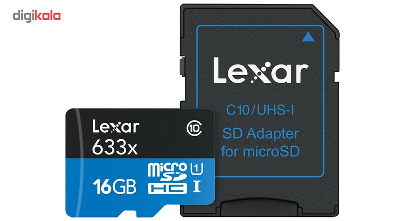 کارت حافظه‌ microSDHC لکسار مدل High-Performance کلاس 10 استاندارد UHS-I U1 سرعت 95MBps 633X همراه با آداپتور SD ظرفیت 16 گیگابایت