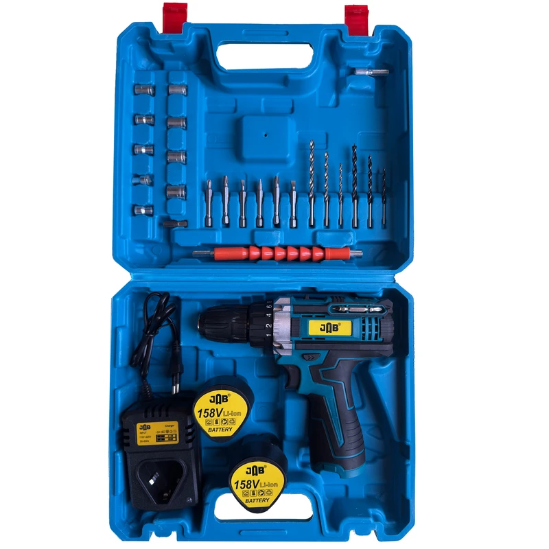 دریل پیچ گوشتی شارژی سه نظام 10 میلیمتری 158 ولت جاب مدل JB-158 NEW POWER مجموعه 42 عددی 