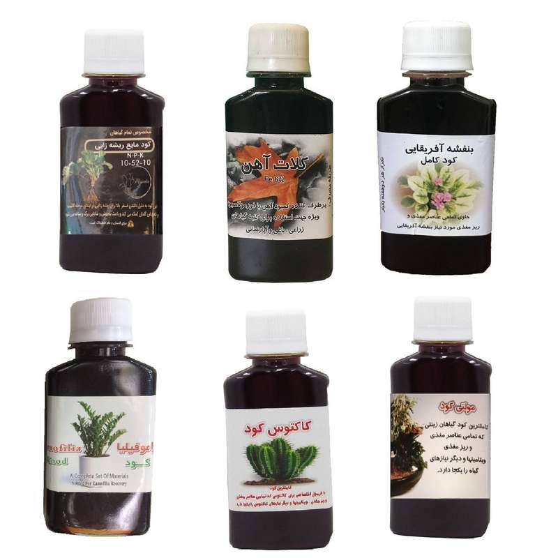 کود مایع فسفر ریشه زایی 10-52-10 و کلات آهن و بنفشه آفریقایی و کود زاموفیلیا و کود کاکتوس و مولتی کود مدل life drop حجم 120 میلی لیتر