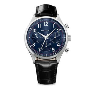 ساعت مچی عقربه ای ویلیام اِل 1985 مدل Vintage Style Calendar Silver Blue Black Leather