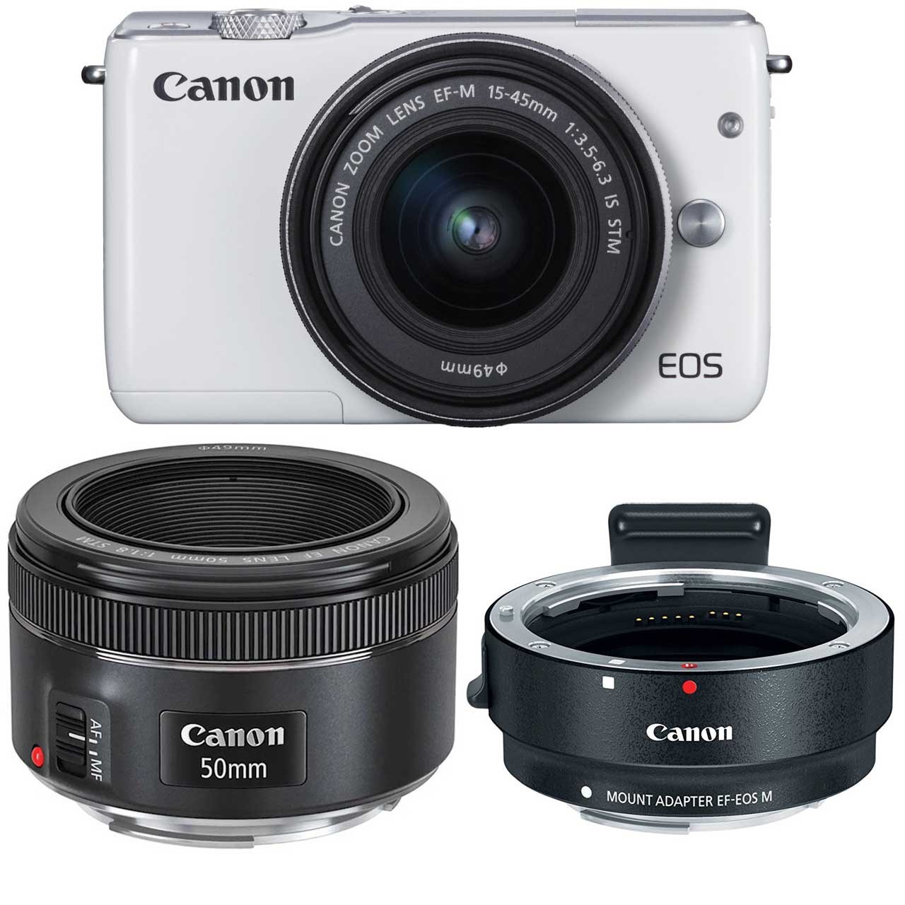 دوربین دیجیتال بدون آینه کانن مدل EOS M10 به همراه لنز 45-15 EF-M و EF 50mm f/1.8 STM میلی متر و آداپتور لنز کانن Mount Adapter EF-EOS M