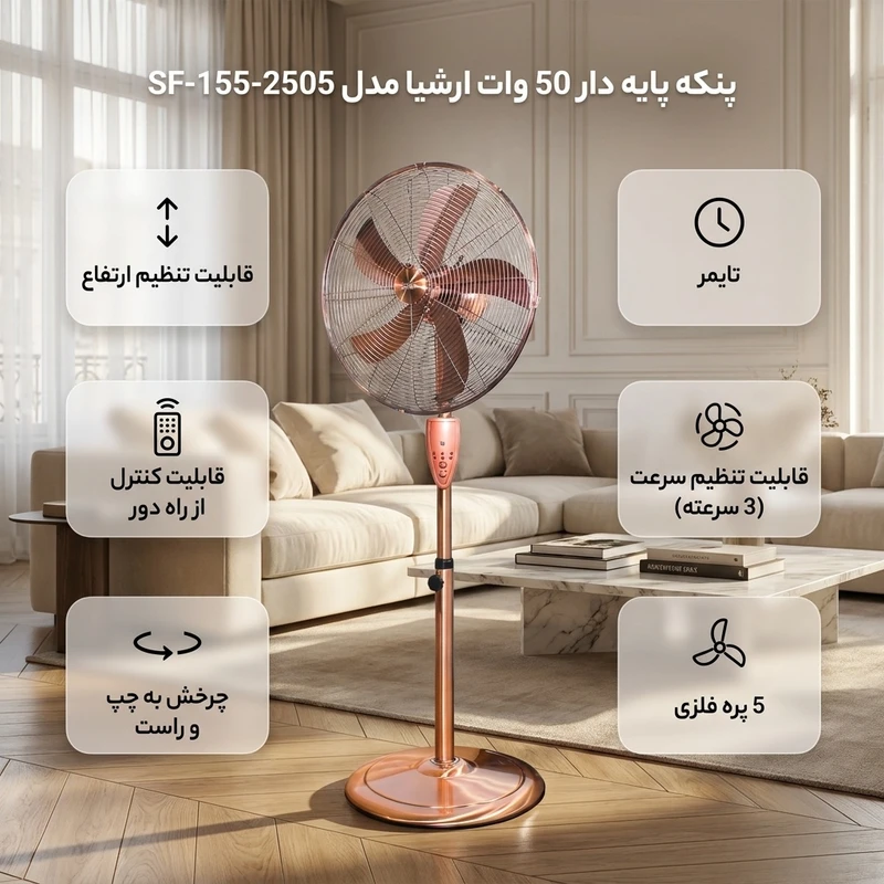 عکس شماره 3 : پنکه پایه دار 50 وات ارشیا مدل sf-155-2505
