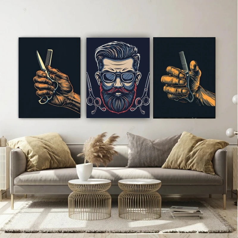 تابلو بوم طرح آرایشگاه مردانه مدل قیچی کد FP104851 مجموعه 3 عددی