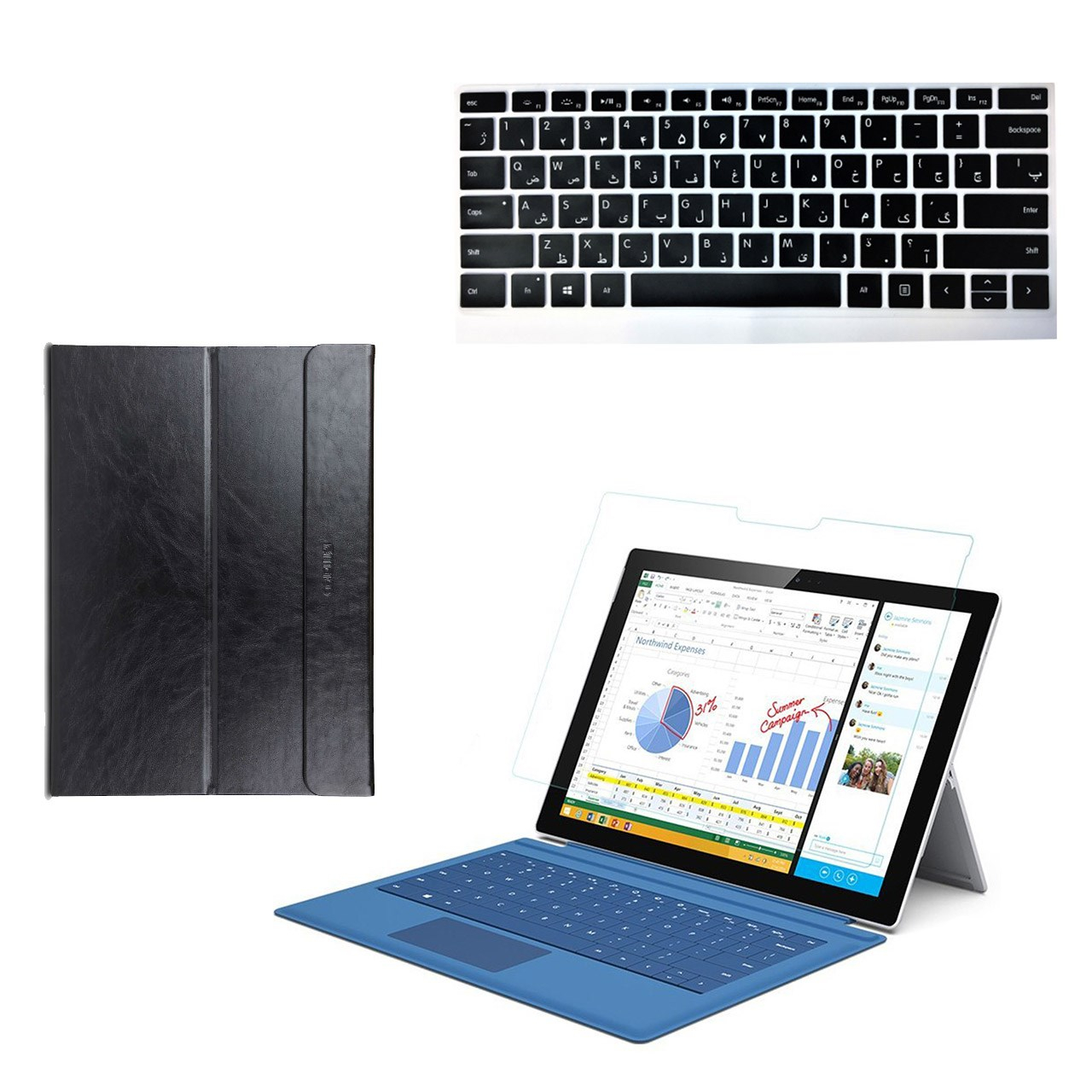 کیف کلاسوری مارو مدل Premium Leather Magnetic مخصوص مایکروسافت سرفیس پرو 4/2017  به همراه محافظ کیبورد سیلیکونی و محافظ صفحه نمایش شیشه ای