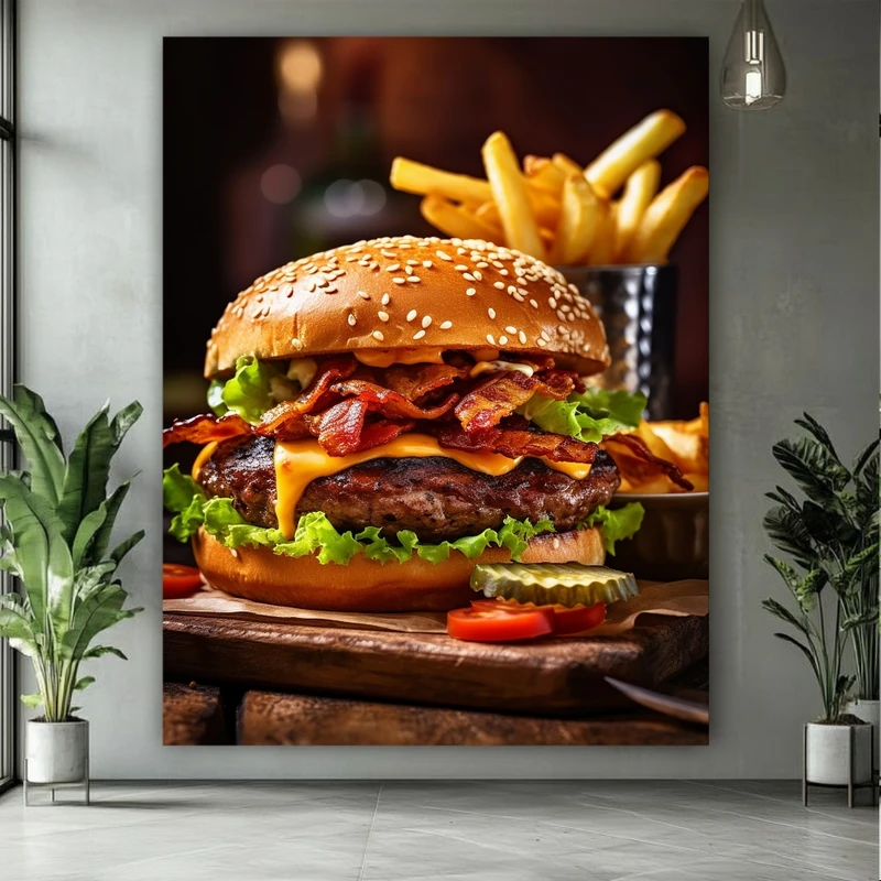 تابلو بوم طرح مخمل فست فود مدل همبرگر و سیب زمینی کد FP106346
