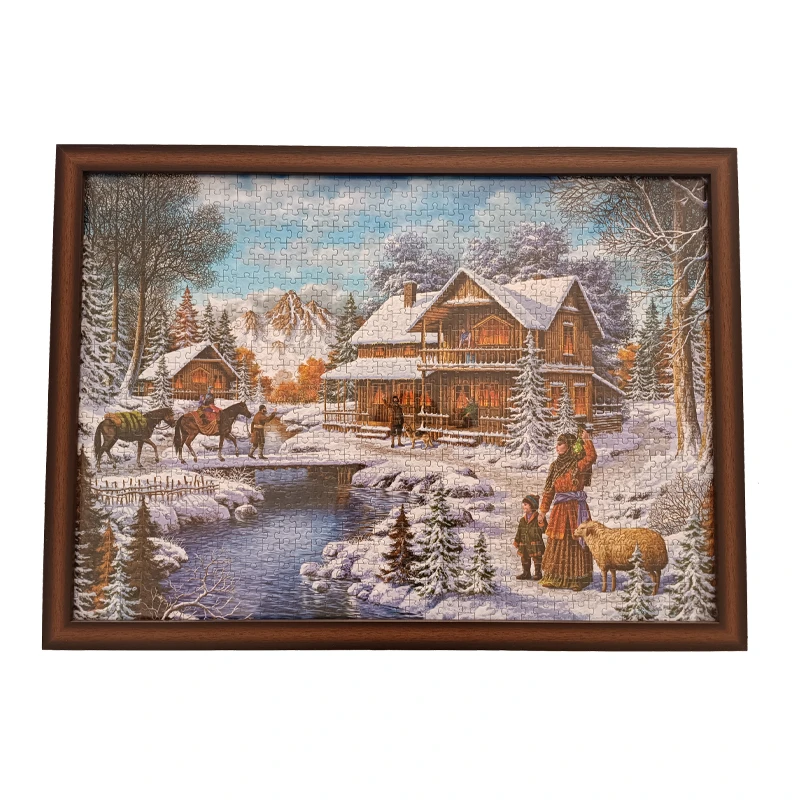 تابلو پازل ۱۰۰۰ تکه مدل کلبه زمستانی فریم قهوه ای تیره