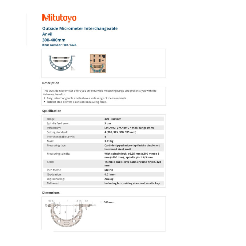 ميكرومتر ميتوتويو كد 104-142 گستره 300-400 ميليمتر