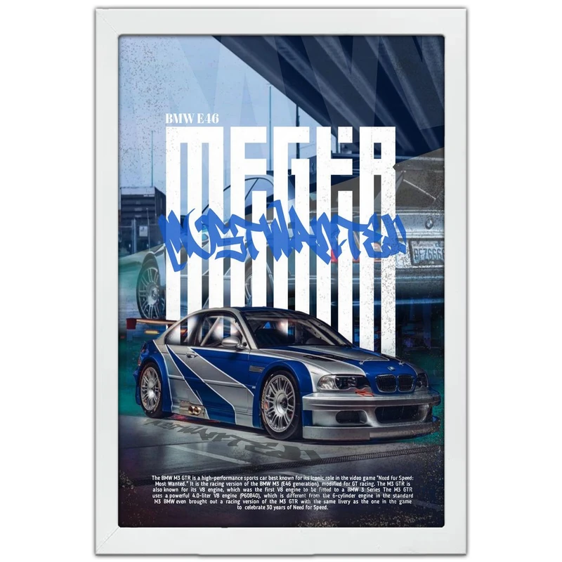 تابلو بکلیت طرح ماشین و خودرو بی ام و BMW M3 GTR NEED FOR SPEED MOST WANTED مدل W-po1669 فریم سفید