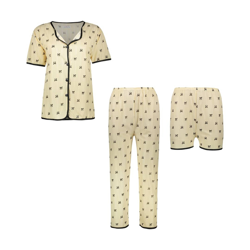 ست 3 تکه لباس زنانه مدل پاپیون رنگ کرم