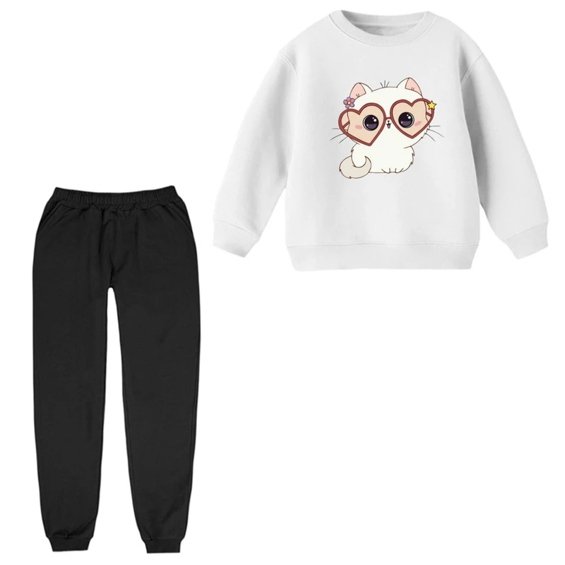 ست سویشرت و شلوار راحتی بچگانه مدل گربه عینک قلبی 