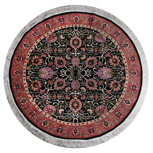 فرش ماشینی کاشان ابریشم طرح فخر آفاق گرد زمینه مشکی