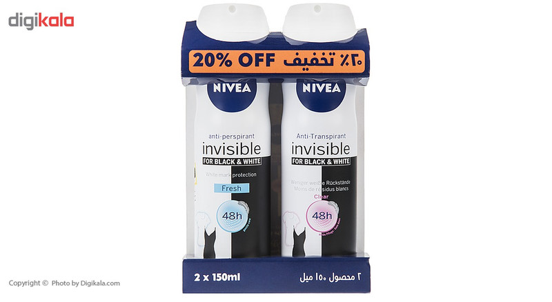 اسپری بدن زنانه نیوآ مدل Invisible Black and White Fresh Invisible Black And White Clear حجم 150 میلی لیتر بسته 2 عددی