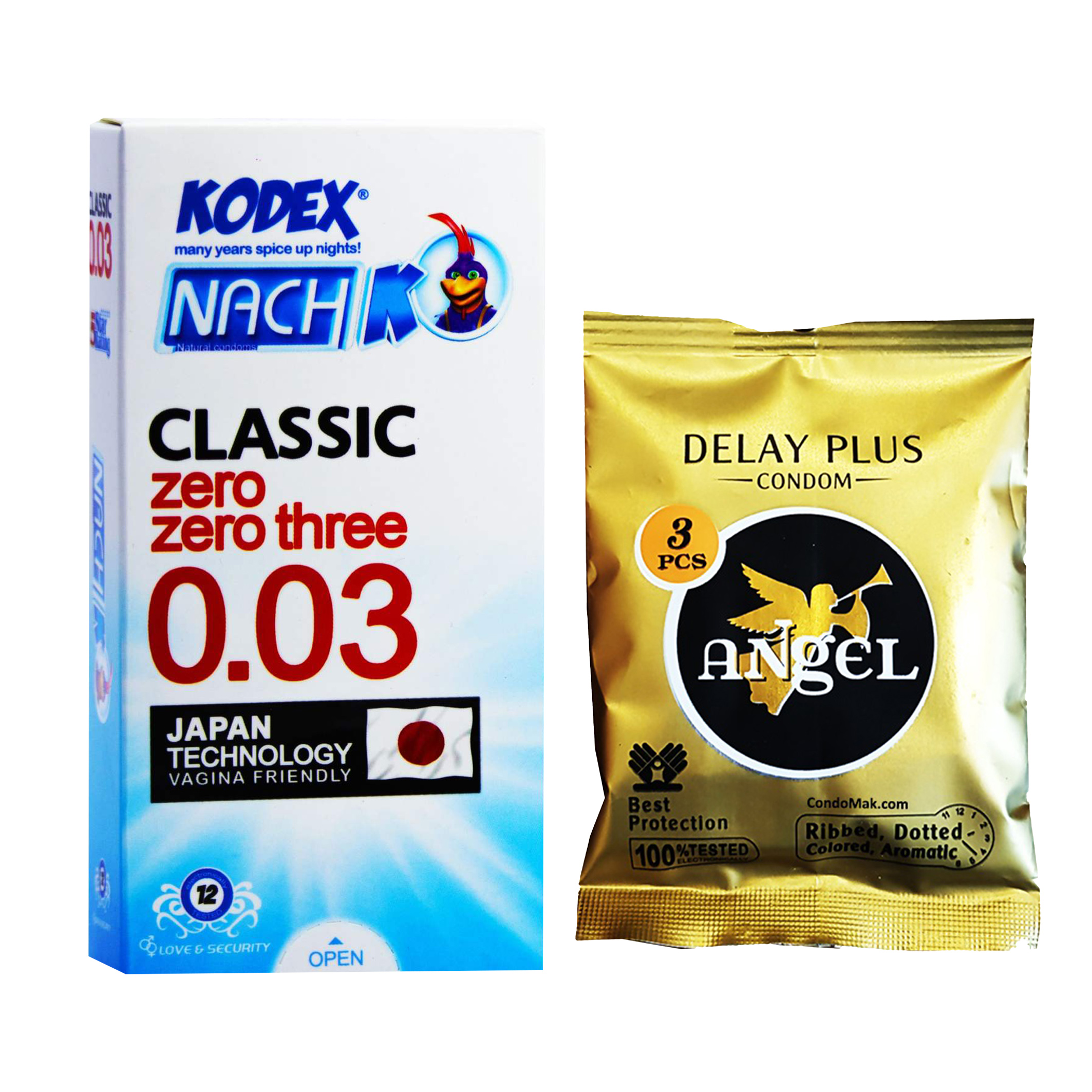 کاندوم ناچ کدکس مدل 03 بسته 12 عددی به همراه کاندوم انجل مدل DELAY PLUS بسته 3 عددی