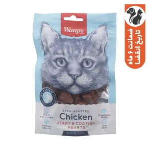 تشویقی گربه ونپی مدل Chicken Jerky & Codfish Hearts با طعم مرغ و ماهی وزن 80 گرم