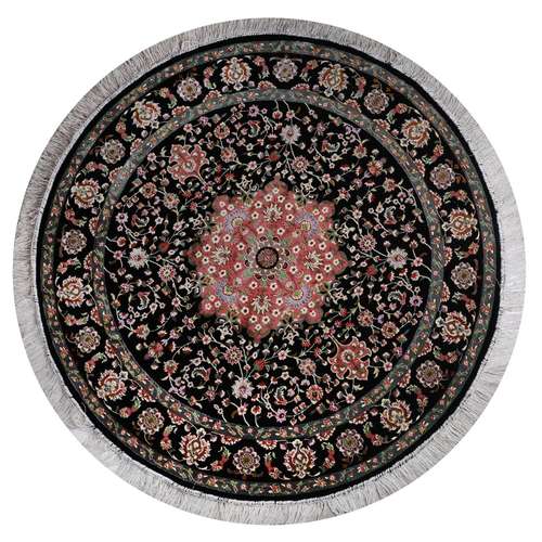 فرش ماشینی کاشان ابریشم طرح شهرزاد گرد زمینه مشکی