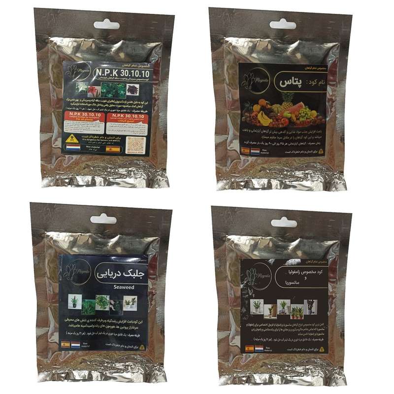 کود سبزینگی و تقویت ساقه 10-10-30 و پتاس و جلبک دریایی و کود زاموفیلیا و سانسوریا مدل raw material وزن 200 گرم