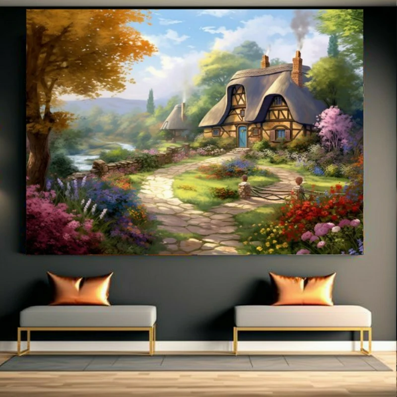 تابلو بوم طرح نقاشی خانه فانتزی در بین گل ها کد FP104904
