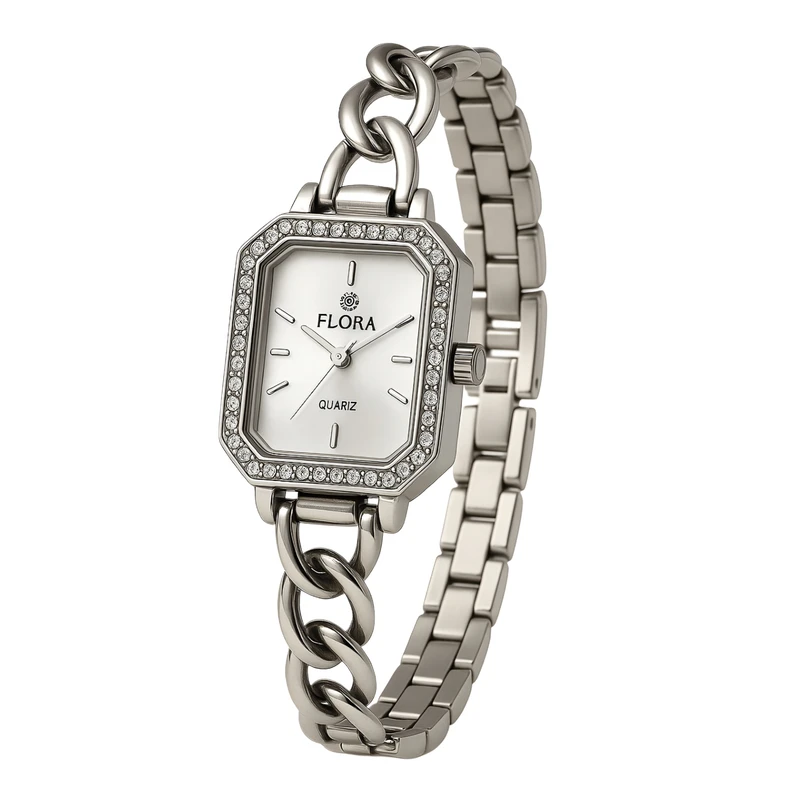 ساعت مچی عقربه‌ای کوارتز زنانه فلورا مدل هشت ضلعی بند زنجیری کد FL-05