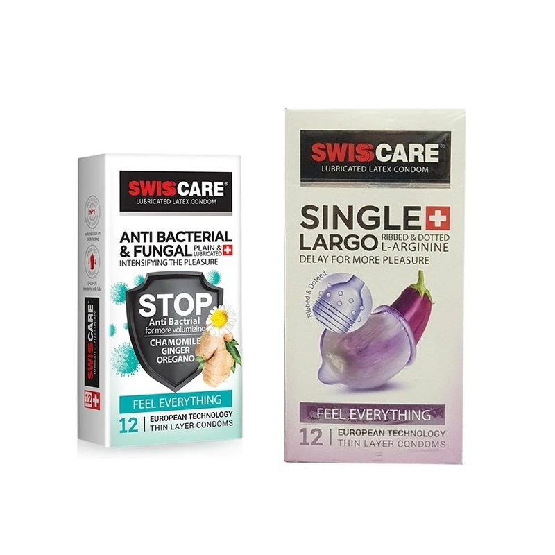 کاندوم سوئیس کر مدل ANTI BACTERIAL بسته 12 عددی  به همراه کاندوم سوئیس کر مدل LARGO بسته 12 عددی