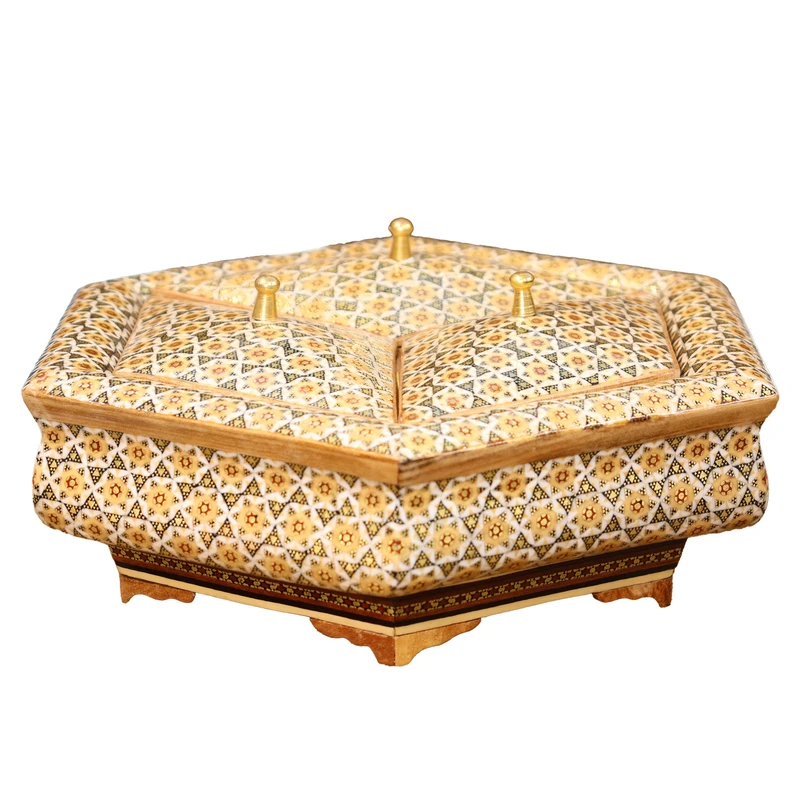 شکلات خوری خاتم کاری چوبی صنایع دستی فاخر مدل سه درب طرح تمام خاتم کد HQ24p21