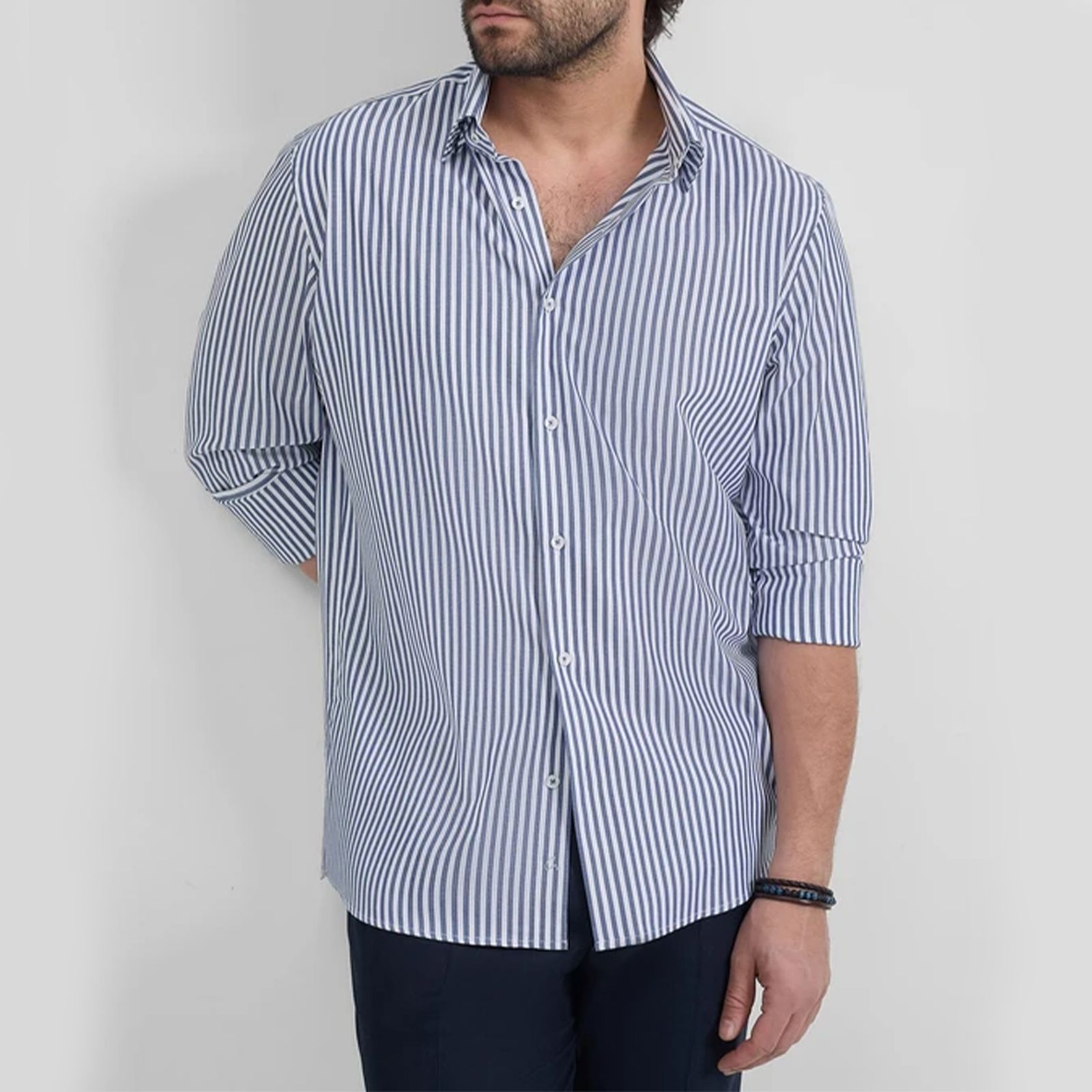 پیراهن آستین بلند یقه دکمه دار مردانه کروم مدل راه راه لینن 2510114 - - 5