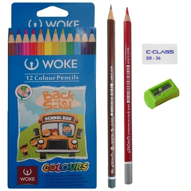 مداد رنگی 12 رنگ ووک مدل تماشا به همراه تراش و پاک کن مجموعه 16 عددی