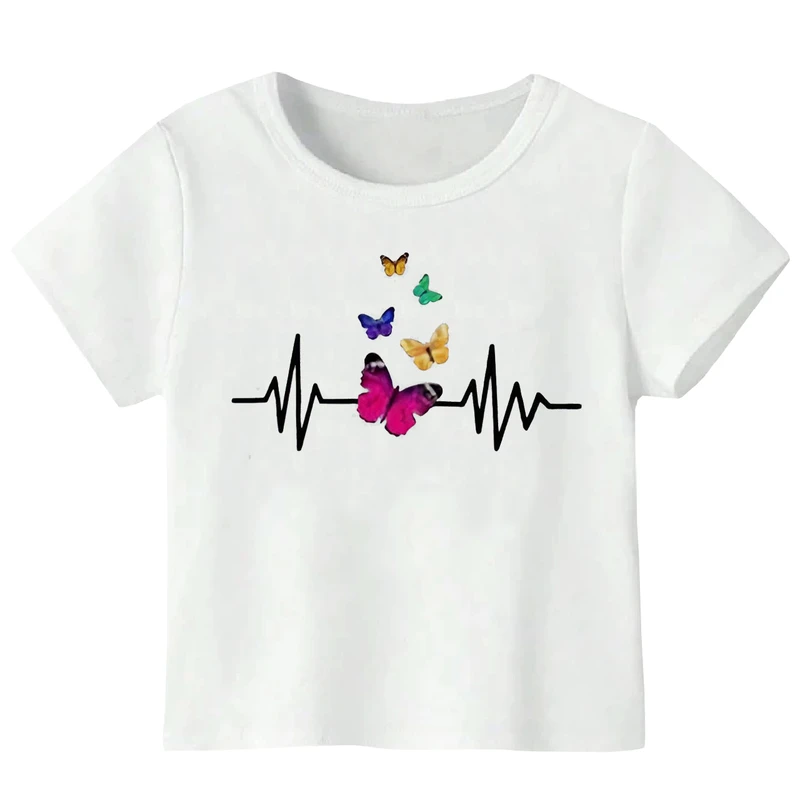 تی‌شرت آستین کوتاه دخترانه مدل W160 طرح ضربان قلب و پروانه