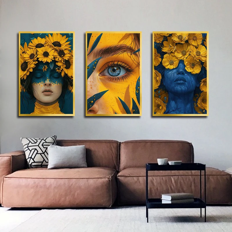 تابلو بکلیت طرح مدرن چهره و گل آفتابگردان مدل T-3323 فریم طلایی مجموعه 3 عددی