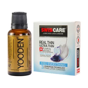 کاندوم سوئیس‌کر مدل Real Thin بسته 3 عددی به همراه روغن یودن مدل AP 30 حجم 30 میلی لیتر