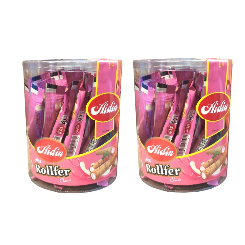 ویفر لوله ای مغزدار با طعم توت فرنگی آیدین - 240 گرم بسته 2 عددی