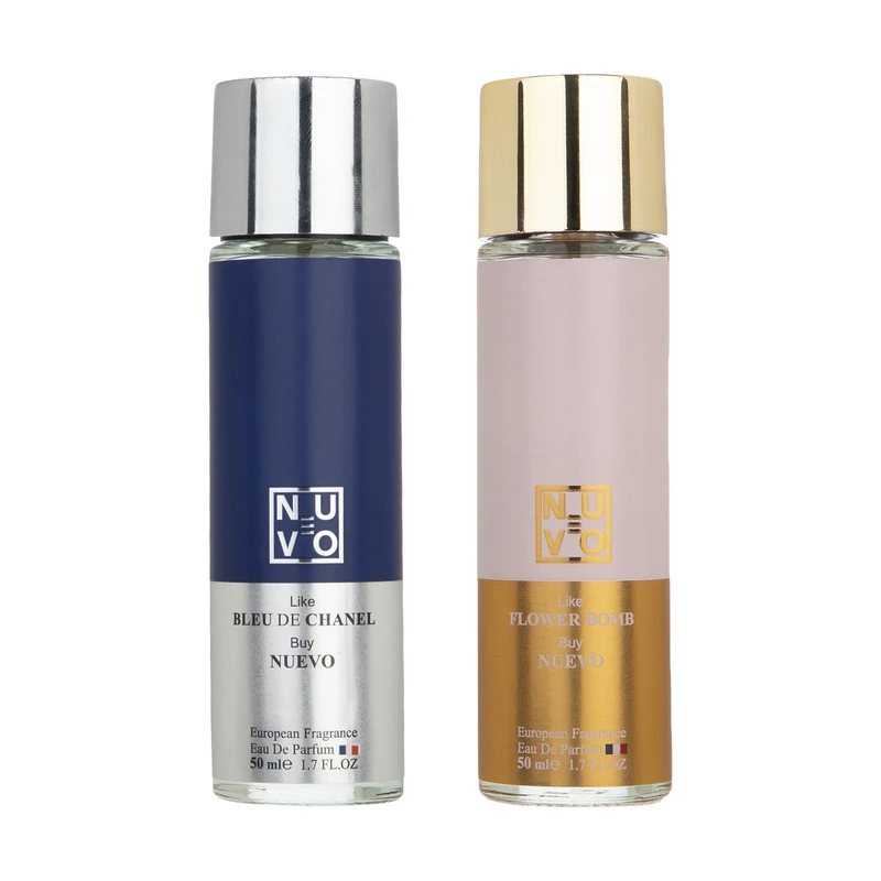 ست ادو پرفیوم مردانه نوئوو مدل BLUE DE CHANEL و ادو پرفیوم زنانه FLOWER BOMB حجم 50 میلی لیتر مجموعه 2 عددی 