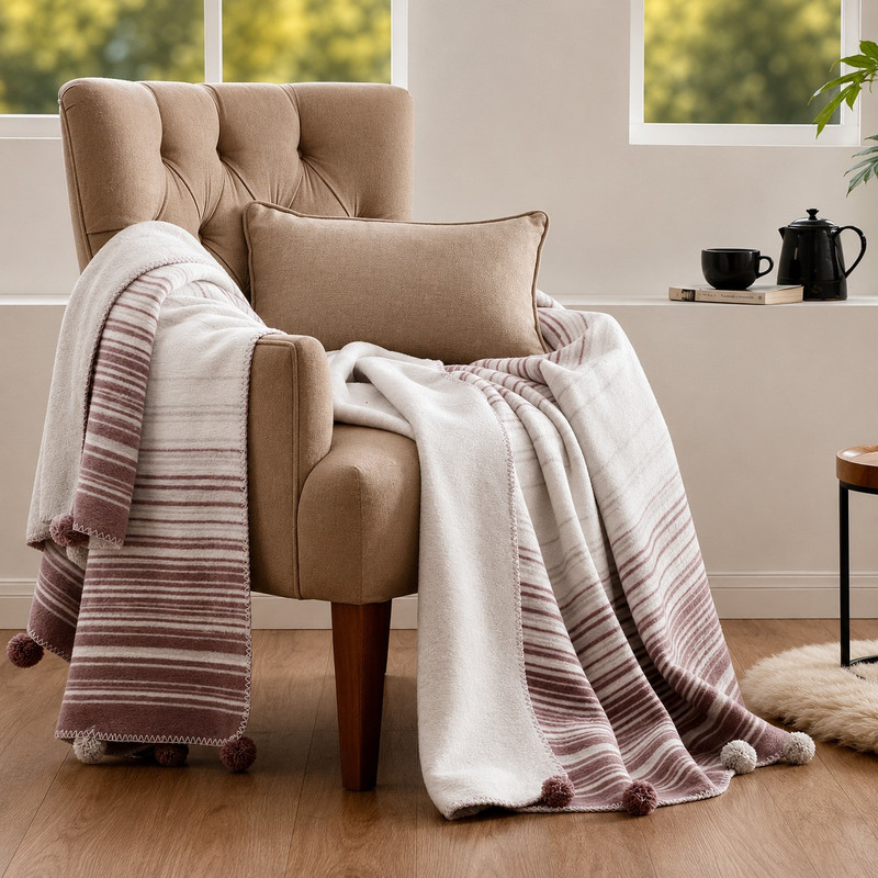 پتو مسافرتی 2 نفره ازدیلک مدل Stripe Ponponlu C.F سایز 180x220 سانتی‌متر