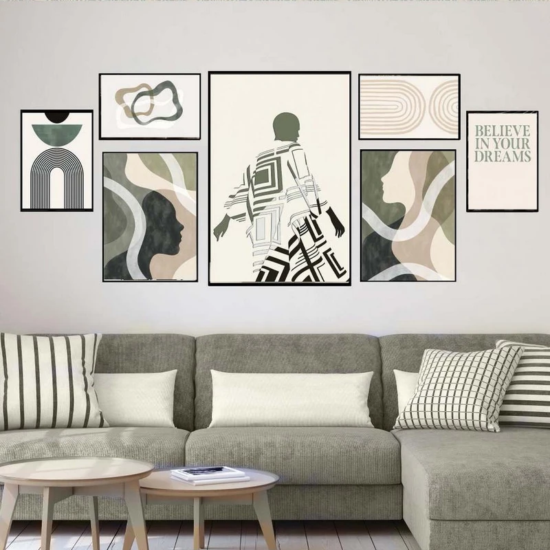 تابلو بکلیت طرح نقاشی مینیمال مدل شاین اکلیلی B-2202 فریم مشکی مجموعه 7 عددی