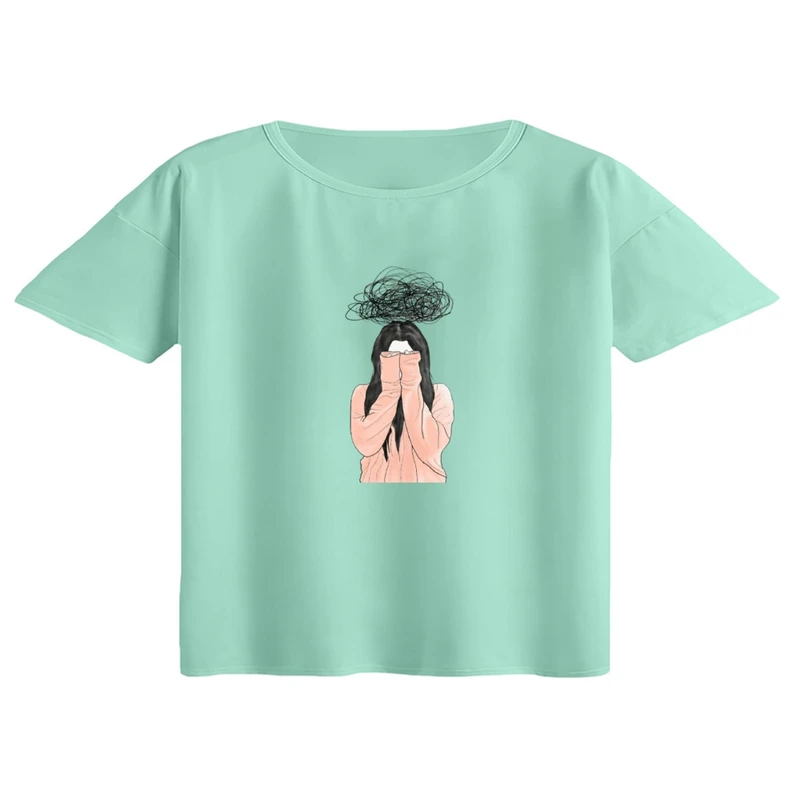 کراپ تی‌شرت آستین کوتاه زنانه مدل ذهن پریشون رنگ سبز روشن