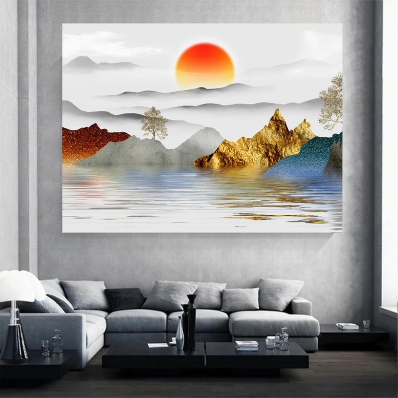 تابلو بوم طرح مخمل منظره مینیمال مد کوه و دریاچه کد M335