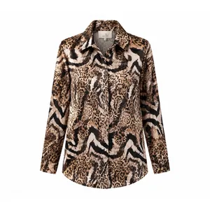 Women’s Long-Sleeve Leopard-Print Crystal Crepe Shirt, Button-Up, Elora Model