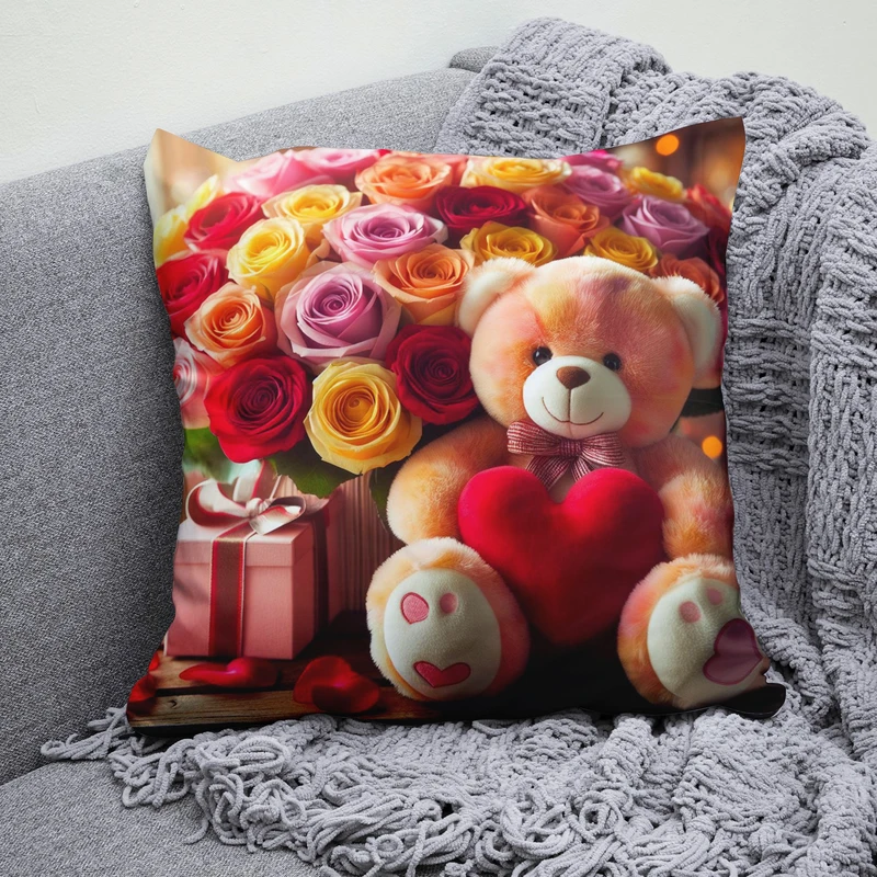 کوسن پاد آفرین مدل هدیه خرس عروسکی طرح قلب و گل رز B932