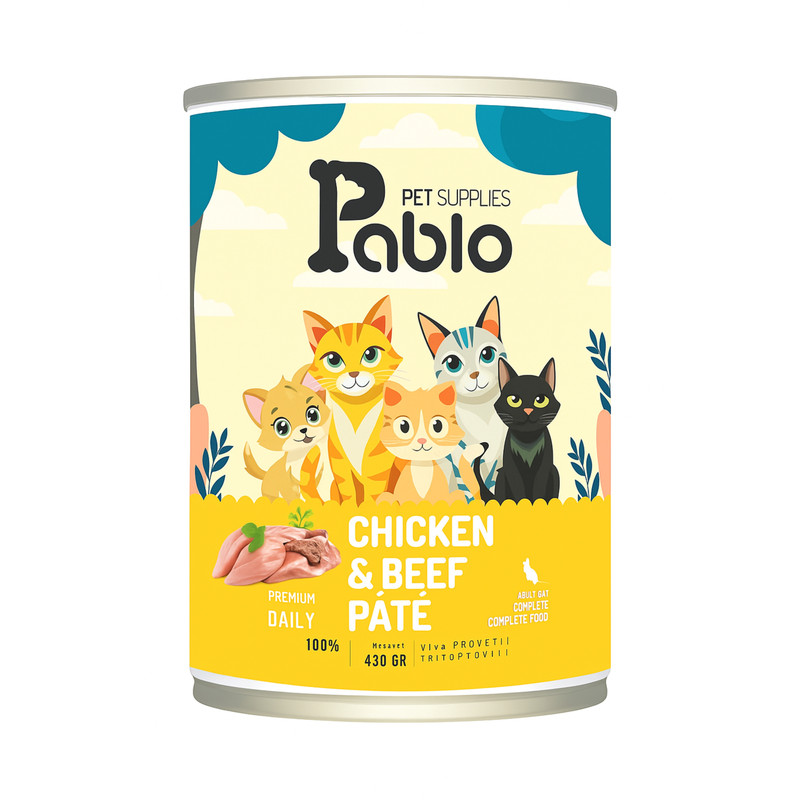 کنسرو گربه پابلو طعم مرغ و گوشت مدل پته 430 گرم