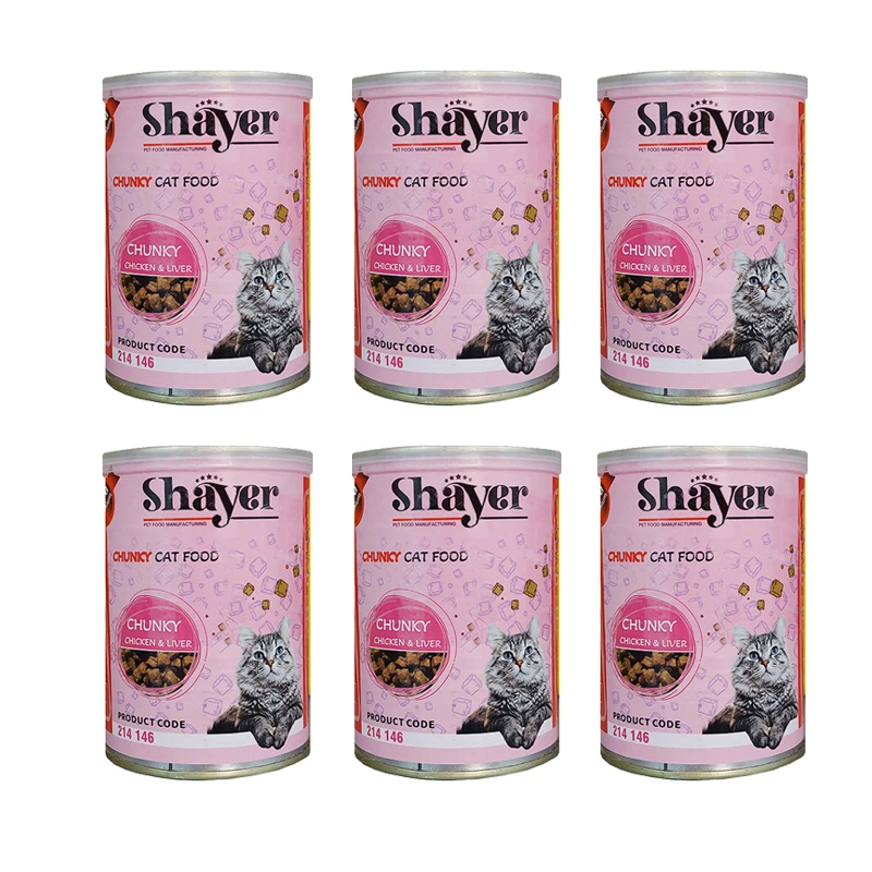 کنسرو گربه شایر مدل چانک مرغ و جگر وزن 400 گرم بسته 6 عددی 