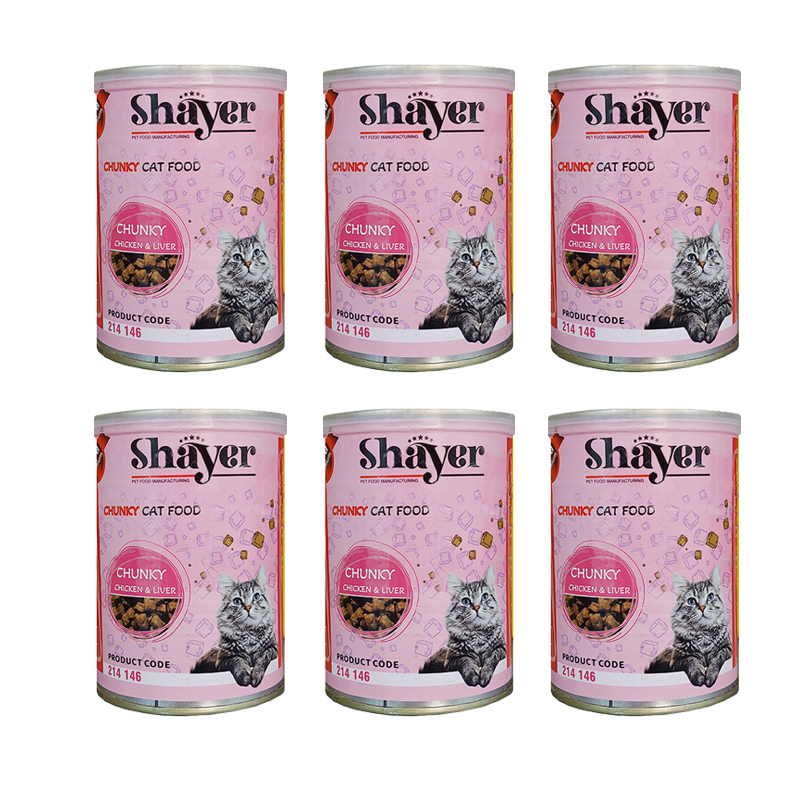 کنسرو گربه شایر مدل چانک مرغ و جگر وزن 400 گرم بسته 6 عددی